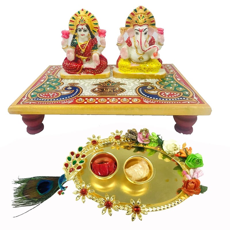 Evisha Marble Idol with Chowki and Puja Thali (7.62 x 6.35 cm, Multicolour) - Image 4