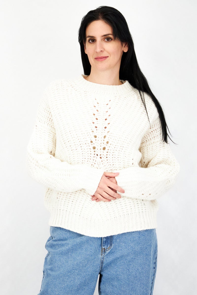 IKKS سويت شيرتات منسوجة بأكمام طويلة لنساء بشعار الفرقة، أبيض - Image 1