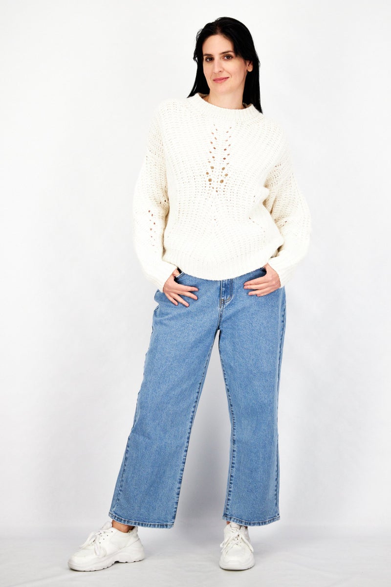 IKKS سويت شيرتات منسوجة بأكمام طويلة لنساء بشعار الفرقة، أبيض - Image 2