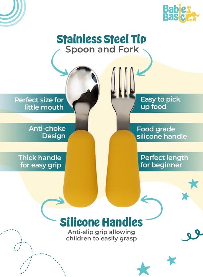 بابيز_بيسك مجموعة تغذية الأطفال الأساسية المصنوعة من السيليكون مع ملعقة وشوكة من السيليكون باللون الأصفر - Image 3
