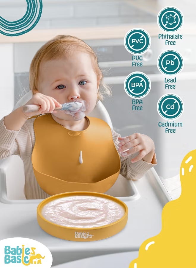 بابيز_بيسك مجموعة تغذية الأطفال الأساسية المصنوعة من السيليكون مع ملعقة وشوكة من السيليكون باللون الأصفر - Image 4