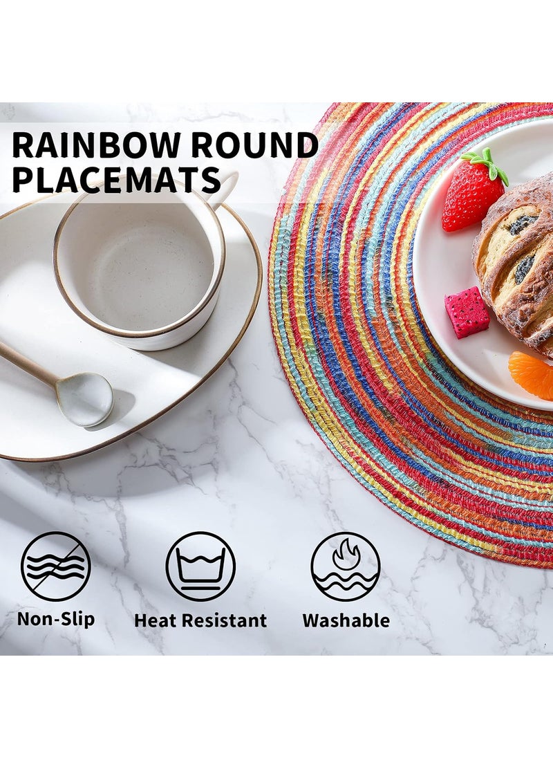 Moukeren Moukeren 4 Pcs Round Braided Placemats 12 Inch Rainbow Colorful Woven High Temperature Resistant Nonslip Washable Circle Place Mats for Kitchen Dining Table Runner Heat Insulation Wedding Party Decor  - Image 4