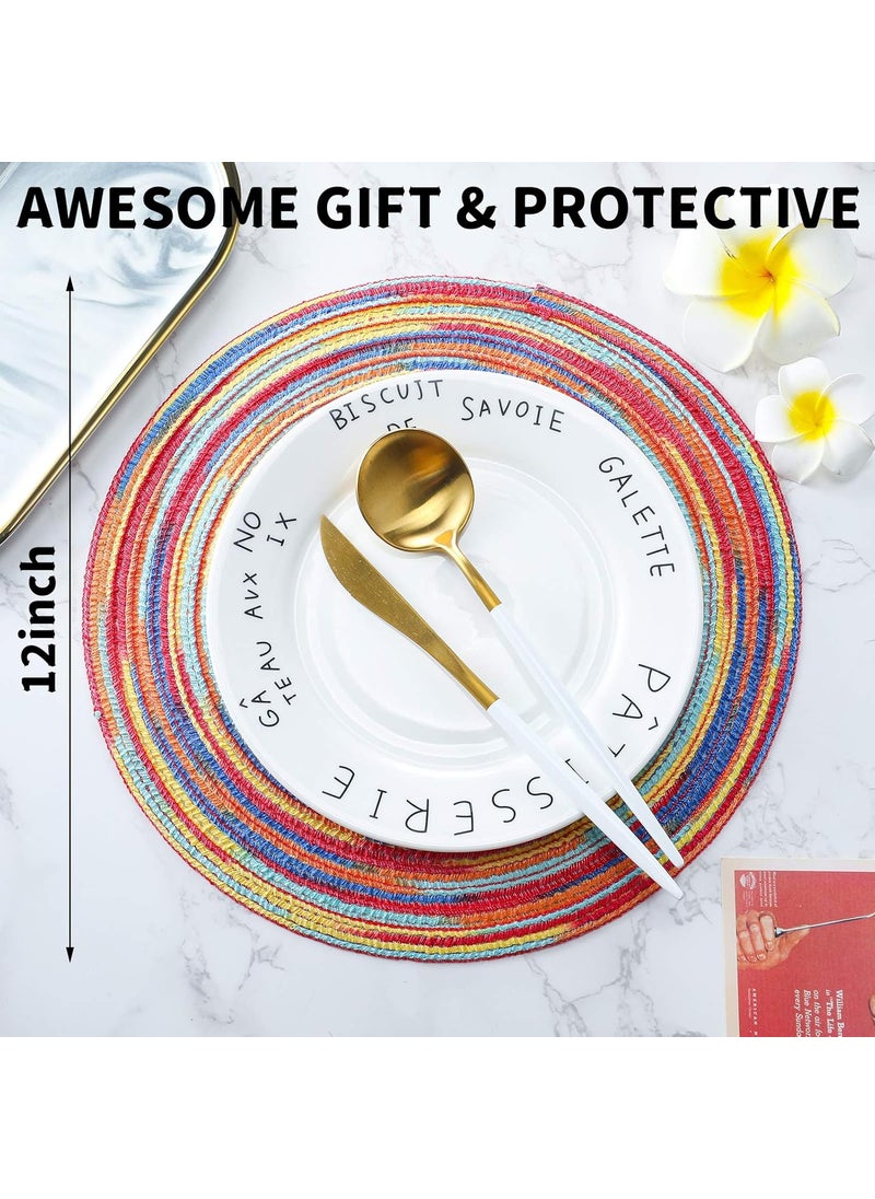 Moukeren Moukeren 4 Pcs Round Braided Placemats 12 Inch Rainbow Colorful Woven High Temperature Resistant Nonslip Washable Circle Place Mats for Kitchen Dining Table Runner Heat Insulation Wedding Party Decor  - Image 2