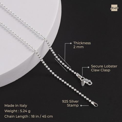 Amberta 925 Sterling Silver 2 mm Ball Chain Necklace Length 18" inch / 45 cm (18) - Image 5