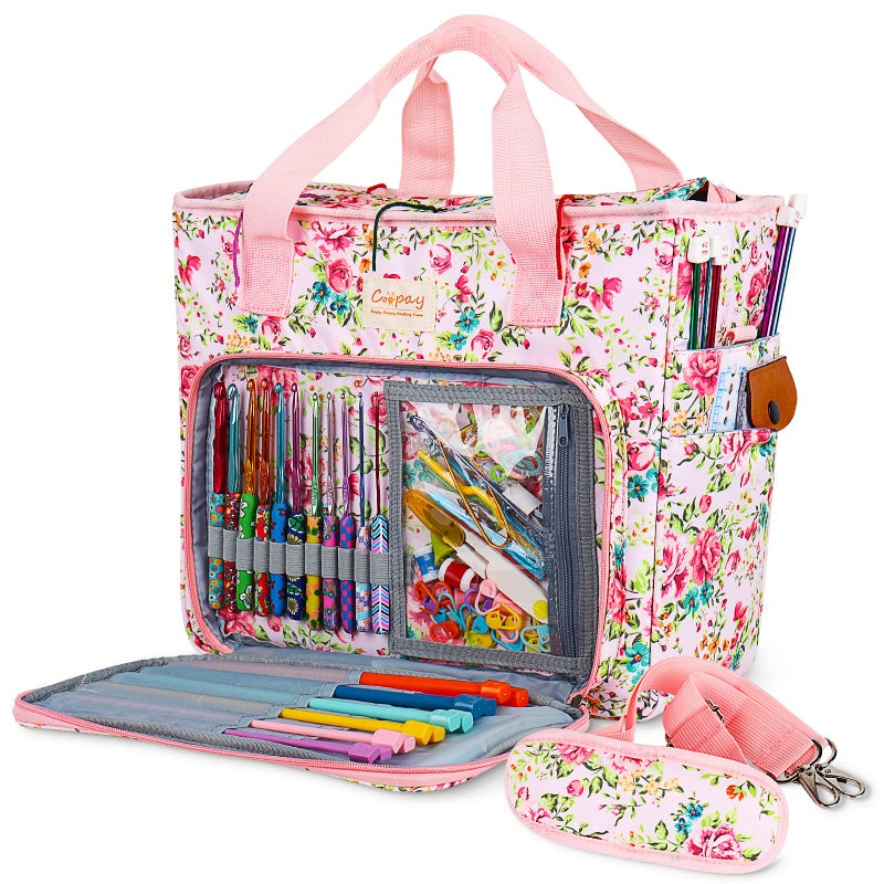 Coopay Large Crochet Bag Knitting Bags and Totes Organizer Traveling Crochet Bags Yarn Bag for Carrying Crochet Hooks Knitting Kit Skein Yarn Wool Project Knitting  Crochet Supplies Pink Flower