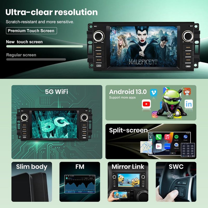 Vratzn Android 13 Car Radio Stereo for Jeep Wrangler JK 2007-2018 Dodge RAM 1500 2500 3500 2009-2012 4 Core CPU 2G RAM 64G ROM with Wireless CarPlay/Android Auto/GPS/HD Backup Camera/Bluetooth - Image 4