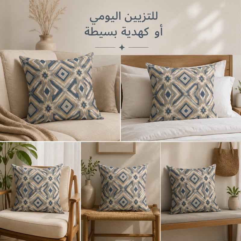 Blue Beige Geometric Boho Cushion Cover, Middle Eastern Style Decorative Pillow Case for Sofa, Bedroom, Chair, Home Decor and Gift - Image 5