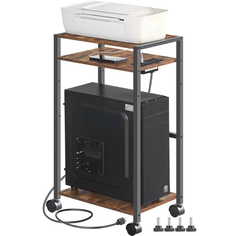 HOOBRO Computer Tower Stand 3Tier PC Tower Stand PC Stand with Charging Station Mobile CPU Stand Fits Most PC Adjustable Shelf for PC Tower Printer Home Office Rustic Brown BF12UCJ01 - Image 2