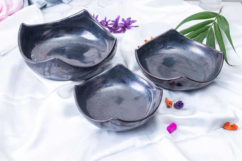 Caffeine Ceramic Handmade Black Ferrous Cut Serving Bowl (Set of 3) - Image 4