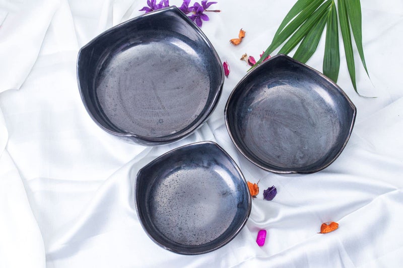 Caffeine Ceramic Handmade Black Ferrous Cut Serving Bowl (Set of 3) - Image 2