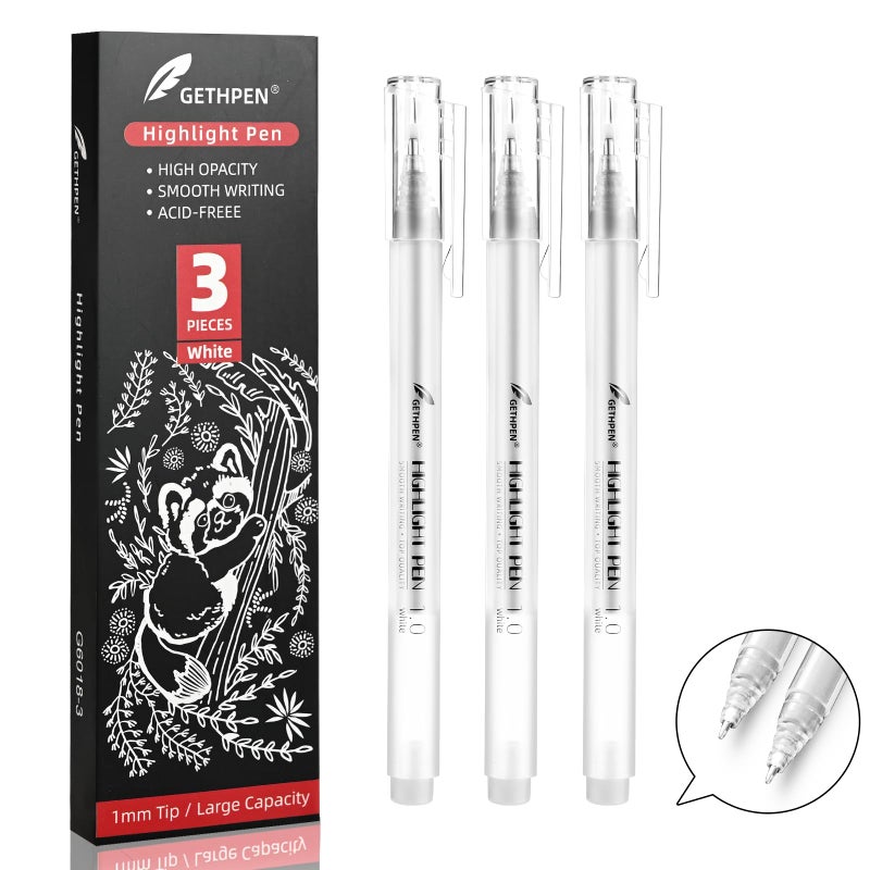 GETHPEN White Gel Pens 10mm Extra Fine Point Gel Ink Pen Set  Opaque Archival Ink Pens for Black Paper Drawing Bullet Journaling  Artists Drawing 3 Pack