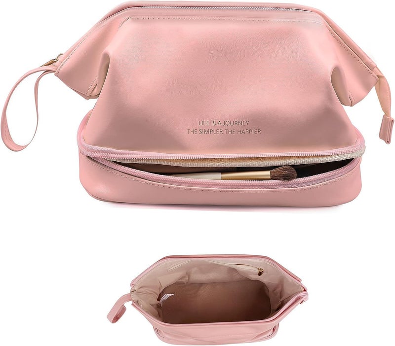 divinezon Women Travel Make Up Toiletry Organizer Pouch DoubleLayered Dry and Wet Separation Bag  Lather  Pink - Image 1