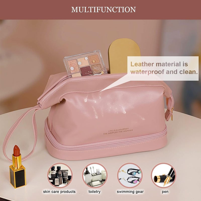 divinezon Women Travel Make Up Toiletry Organizer Pouch DoubleLayered Dry and Wet Separation Bag  Lather  Pink - Image 3