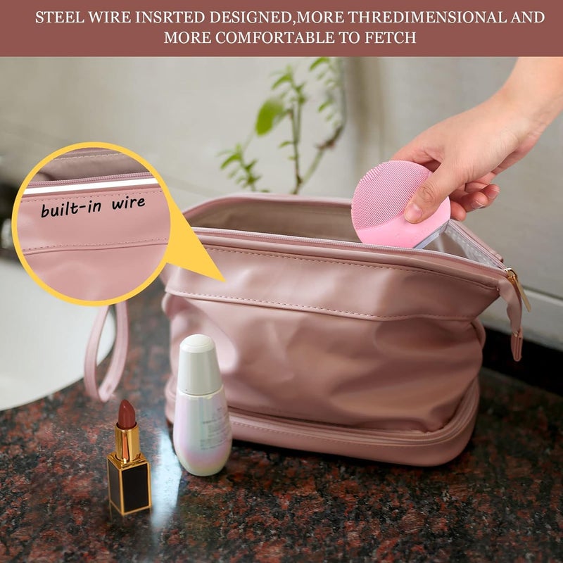 divinezon Women Travel Make Up Toiletry Organizer Pouch DoubleLayered Dry and Wet Separation Bag  Lather  Pink - Image 2