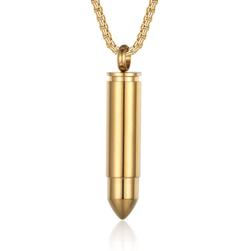Bukela Men & Women Sterling Silver Bullet Pendant Can Be Opened for Memorial Necklace -Cremation Urn -Ashes Pendant Box Chain 18 "20" 22 "24" 26 "28" Jewelry Keepsakes(Golden) - Image 1