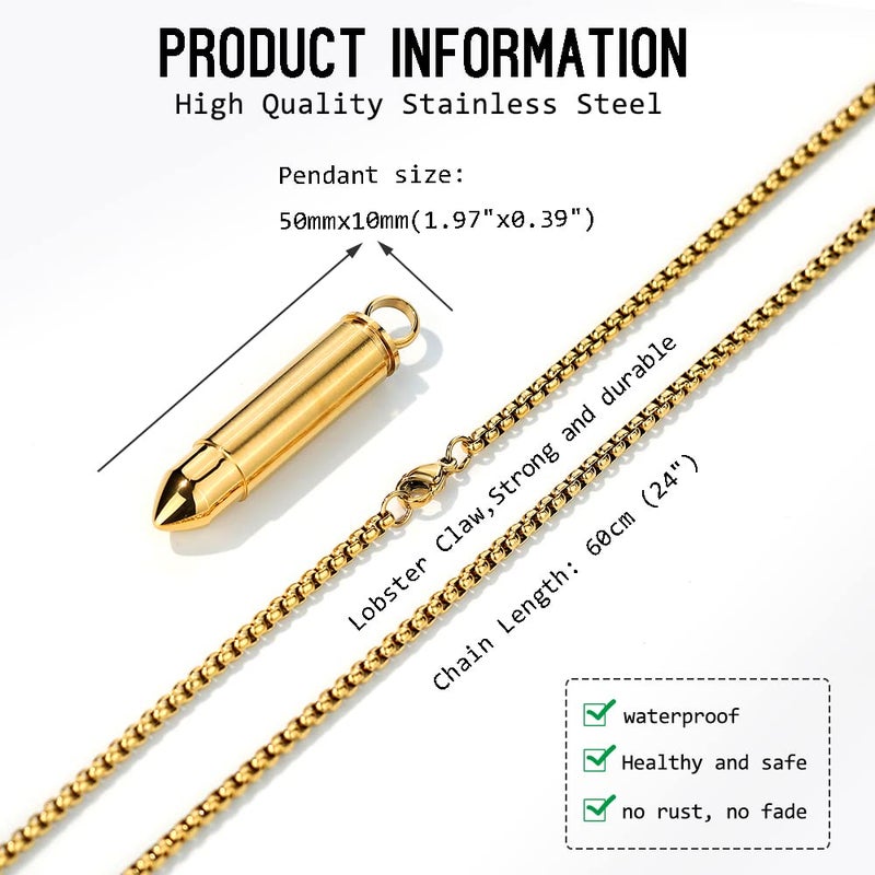 Bukela Men & Women Sterling Silver Bullet Pendant Can Be Opened for Memorial Necklace -Cremation Urn -Ashes Pendant Box Chain 18 "20" 22 "24" 26 "28" Jewelry Keepsakes(Golden) - Image 3