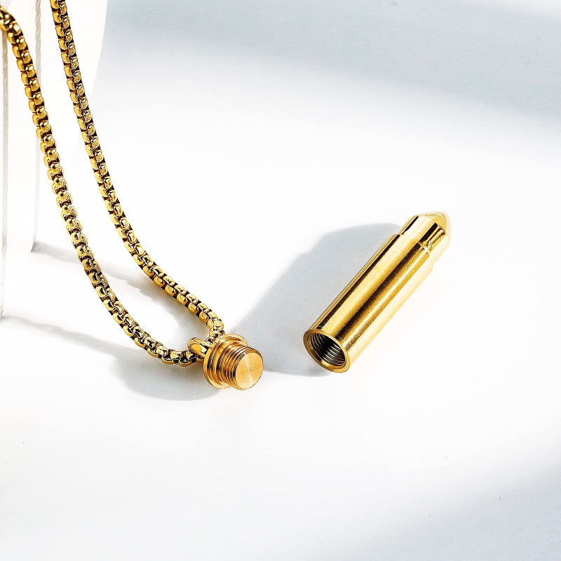 Bukela Men & Women Sterling Silver Bullet Pendant Can Be Opened for Memorial Necklace -Cremation Urn -Ashes Pendant Box Chain 18 "20" 22 "24" 26 "28" Jewelry Keepsakes(Golden) - Image 2
