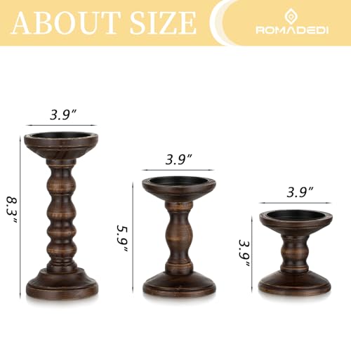 Romadedi Wood Candle Holders for Pillar - Set of 3 Tall Rustic Vintage Wooden Candlestick Holder, Farmhouse Candle Stand for Fireplace Mantle Shelf Table Retro Home Decor, Dark Brown, 3.9"/6"/ 8.3" - Image 5