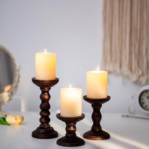 Romadedi Wood Candle Holders for Pillar - Set of 3 Tall Rustic Vintage Wooden Candlestick Holder, Farmhouse Candle Stand for Fireplace Mantle Shelf Table Retro Home Decor, Dark Brown, 3.9"/6"/ 8.3" - Image 4