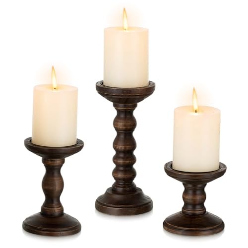 Romadedi Wood Candle Holders for Pillar - Set of 3 Tall Rustic Vintage Wooden Candlestick Holder, Farmhouse Candle Stand for Fireplace Mantle Shelf Table Retro Home Decor, Dark Brown, 3.9"/6"/ 8.3" - Image 1