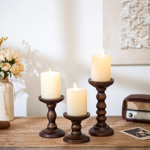 Romadedi Wood Candle Holders for Pillar - Set of 3 Tall Rustic Vintage Wooden Candlestick Holder, Farmhouse Candle Stand for Fireplace Mantle Shelf Table Retro Home Decor, Dark Brown, 3.9"/6"/ 8.3" - Image 2