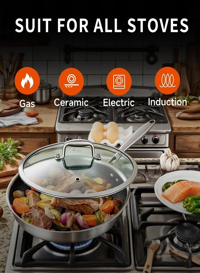 LOLYKITCH مقلاة ووك هجينة من الفولاذ المقاوم للصدأ ثلاثي الطبقات مقاس 10 بوصات من LOLYKITCH مع غطاء، مقلاة سيراميك غير لاصقة للقلي السريع، مقلاة طهي بالحث، آمنة للاستخدام في غسالة الصحون والفرن، مقبض مثبت بمسامير - Image 3