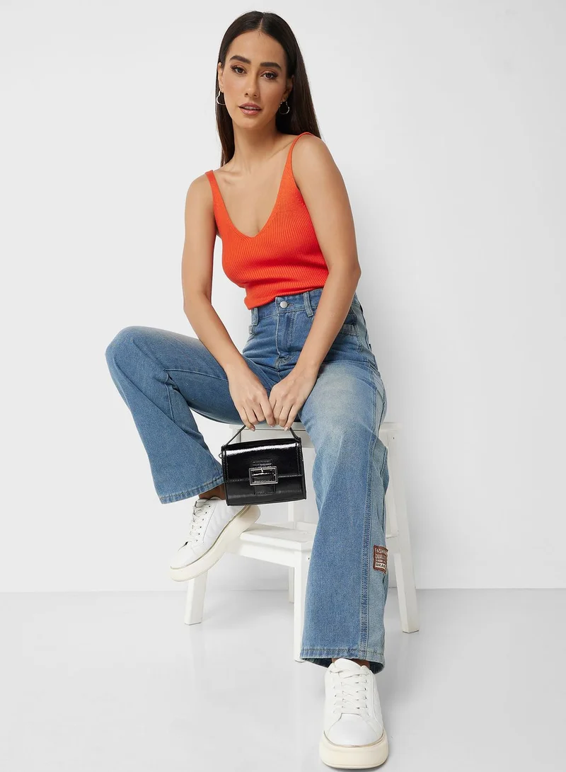Ginger Contrast Stripe High Waist Wide Leg Jeans