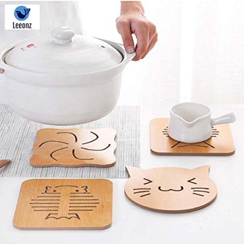 Leeonz Coasters for Drinks, Household Multifunctional Round/Square Dining Table Insulation Pad Non-Slip Placemat Bamboo Thickened Anti-Scalding Pot Bowl Plate Pad (Wood Big-Random Pattern, Set of 4) - Image 1