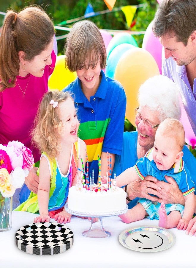 JarThenaAMCS 40Pcs Smile Face Paper Plates Iridescent Happy Face Checkered Disposable Plates 9 Inch Holographic Foil Dessert Plates for Birthday Baby Shower One Happy Dude Party - Image 4