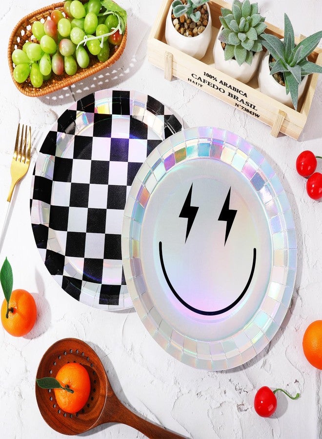 JarThenaAMCS 40Pcs Smile Face Paper Plates Iridescent Happy Face Checkered Disposable Plates 9 Inch Holographic Foil Dessert Plates for Birthday Baby Shower One Happy Dude Party - Image 3