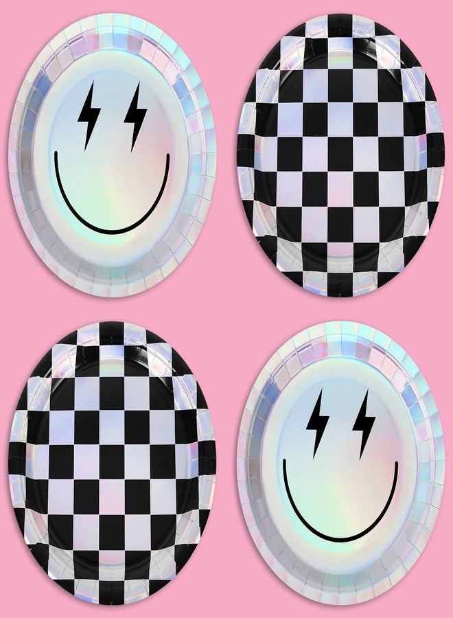 JarThenaAMCS 40Pcs Smile Face Paper Plates Iridescent Happy Face Checkered Disposable Plates 9 Inch Holographic Foil Dessert Plates for Birthday Baby Shower One Happy Dude Party - Image 1