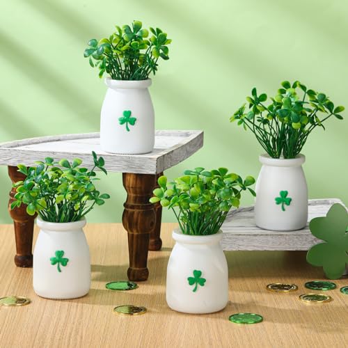 Nitial 4 Pcs St. Patrick Shamrock Vase Decor Tiered Tray Mini Floral Arrangement Tiered Tray Decor, Mini Shamrock Vase Fake Floral Branch Decorations for Spring Party Supplies Home Decoration - Image 1