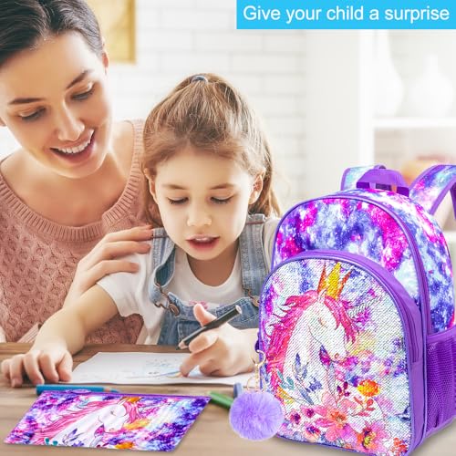 CCJPX 3PCS Girls Backpack, 16” Kids Unicorn Sequin Bookbag and Lunch Box for Kindergarten Elementary - Image 2