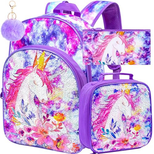 CCJPX 3PCS Girls Backpack, 16” Kids Unicorn Sequin Bookbag and Lunch Box for Kindergarten Elementary - Image 1