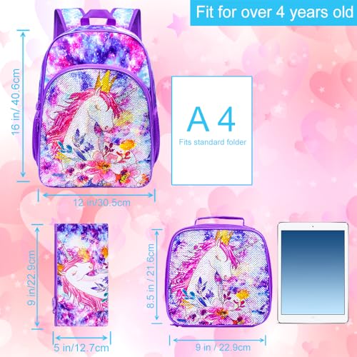 CCJPX 3PCS Girls Backpack, 16” Kids Unicorn Sequin Bookbag and Lunch Box for Kindergarten Elementary - Image 3