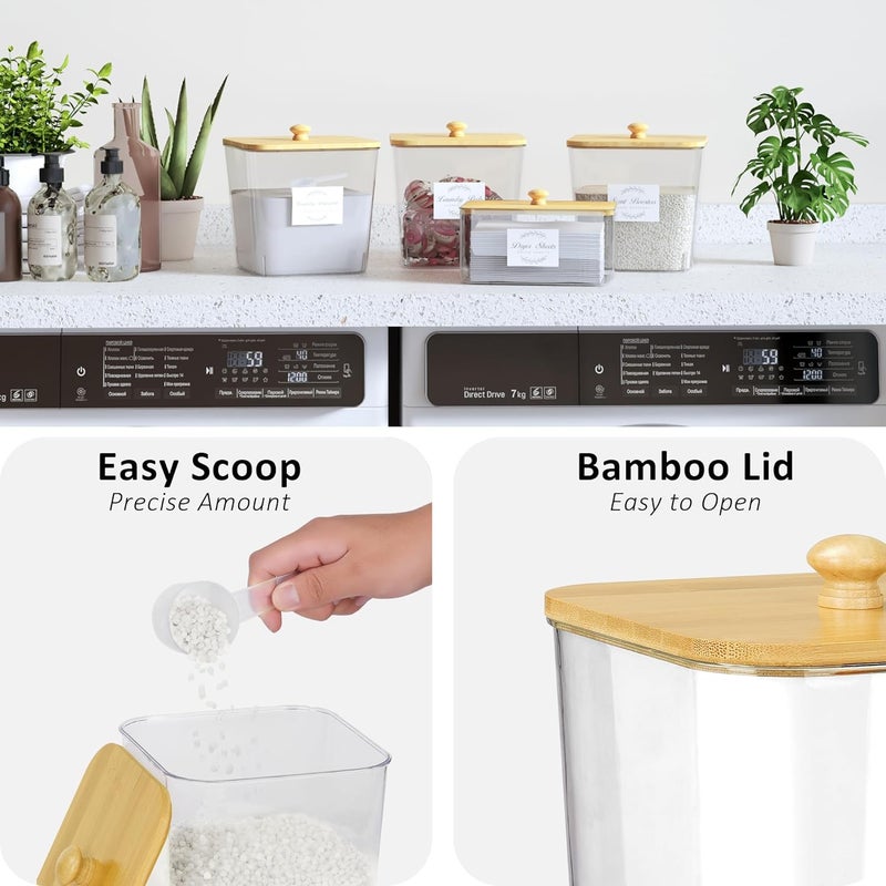 Vincona Laundry Room Organization and Storage, Laundry Pods Container and Dryer Sheet Holder with Bamboo Lids and Labels, Laundry Organizer with Scoops for Booster Beads, Powder, Pods, 4+1 Pack - Image 5