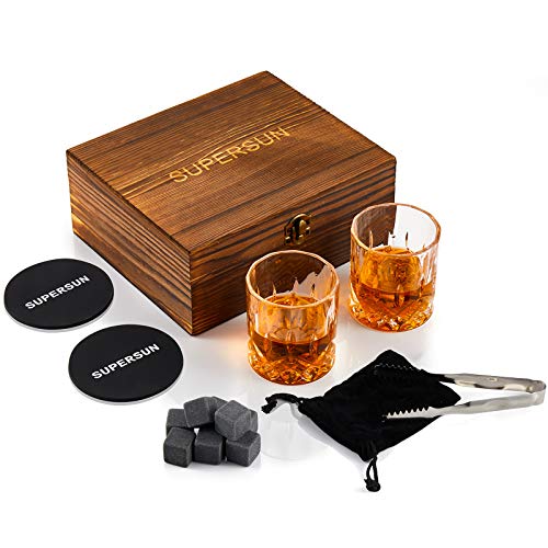 SUPERSUN Whiskey Glasses Stones Gifts Set for Men, Pack of 2, 10 oz Scotch Bourbon Glasses, 8 Chilling Rocks with Tongs Perfect for House Warming Anniversary Birthday Farewell Chritsmas Gifts for Men - Image 2