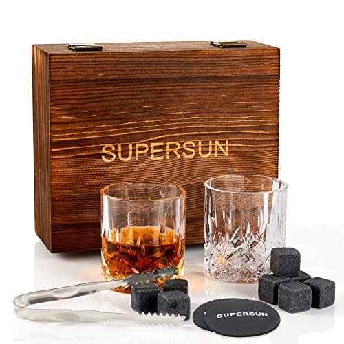 SUPERSUN Whiskey Glasses Stones Gifts Set for Men, Pack of 2, 10 oz Scotch Bourbon Glasses, 8 Chilling Rocks with Tongs Perfect for House Warming Anniversary Birthday Farewell Chritsmas Gifts for Men - Image 1