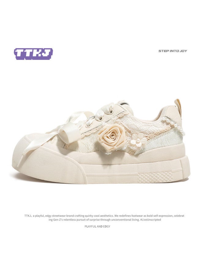 Ttkj Tttj White Sneakers For Women, Soft Sole, Comfortable, Fashionable Canvas Shoes, Rose Flower Pattern, Thick-soled Heightening Sports Casual Shoes - Image 2