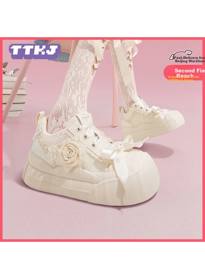 Ttkj Tttj White Sneakers For Women, Soft Sole, Comfortable, Fashionable Canvas Shoes, Rose Flower Pattern, Thick-soled Heightening Sports Casual Shoes - Image 1