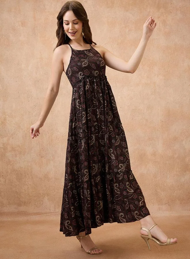 جلو باص فستان طويل مطبع بنقشة بيزلي بياقة مربوطة