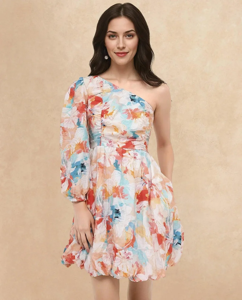 Rareism Women's One Shoulder Floral Print Fit And Flare Mini Dress