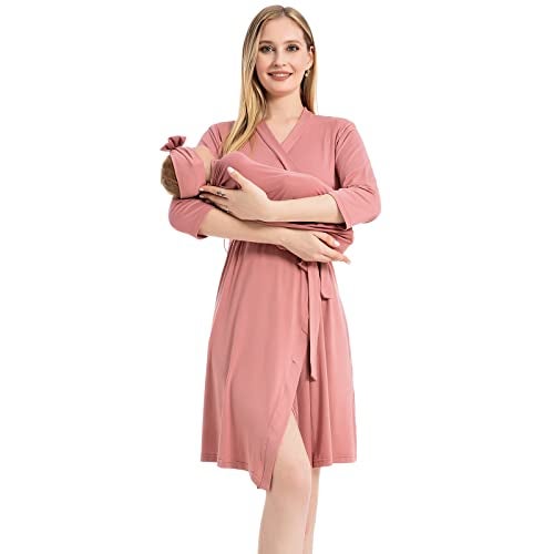 Galabloomer Maternity Robe and Baby Receiving Blanket, Matching Mommy Labor Delivery Robe and Swaddle Set Dusty Rose - Image 1