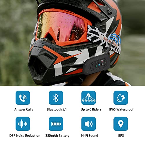 MIMIRACLE V6 Pro Motorcycle Helmet Bluetooth Headset, Up to 6 Riders 2-Way 1200M IP65 Waterproof Wireless Motorbike Communication System for Dirt Bike/ATV/Off Road - Image 2