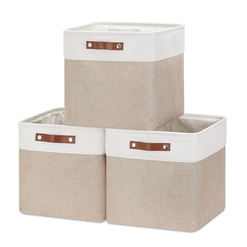 Mangata Collapsible Storage Cube Boxes 30cm Cube Linen Woven Fabric Storage Baskets with Leather Handles 3pcs Light Khaki and White