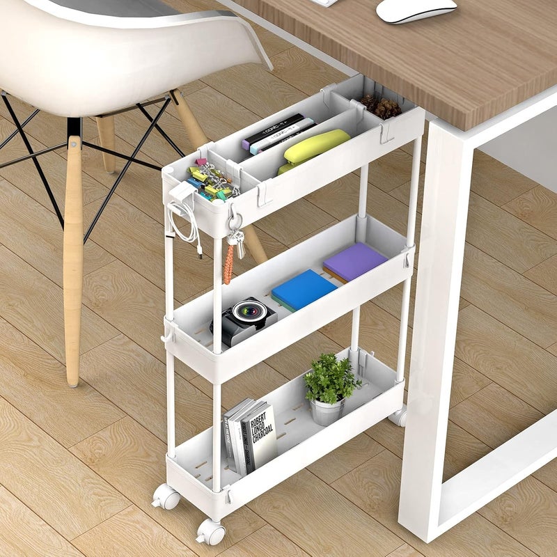 SPACELEAD Slim Storage Cart,3 Tier Bathroom Rolling Utility Cart Storage Organizer Slide Out Cart, Mobile Shelving Unit Organizer Trolley for Office Bathroom Kitchen Laundry Room Narrow Places, White - Image 3