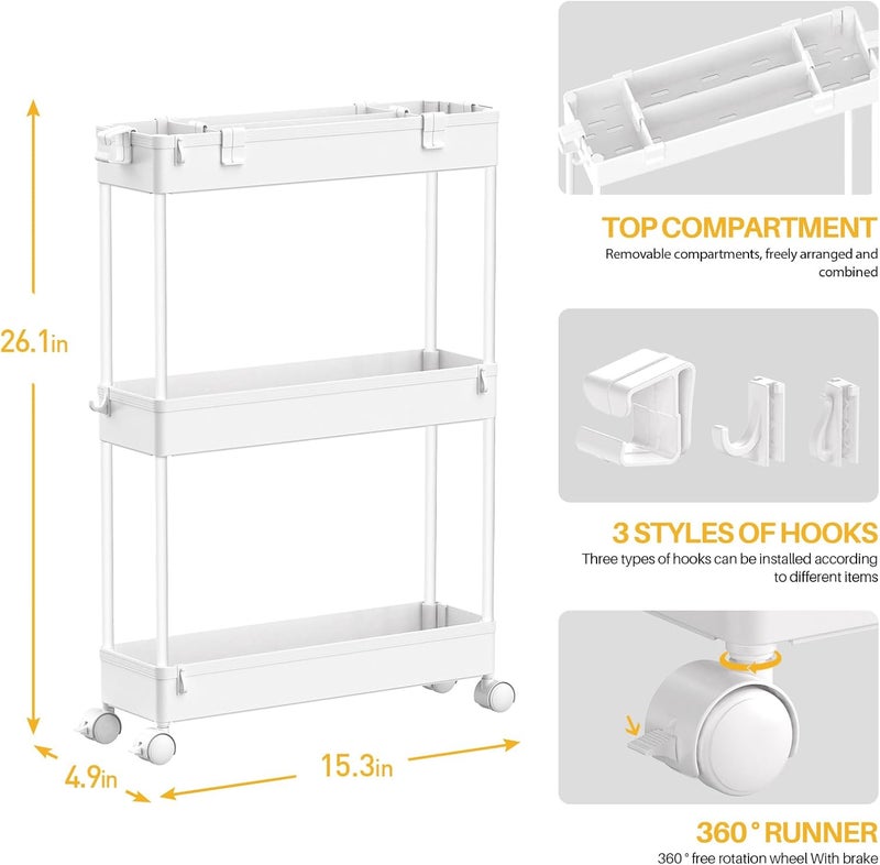 SPACELEAD Slim Storage Cart,3 Tier Bathroom Rolling Utility Cart Storage Organizer Slide Out Cart, Mobile Shelving Unit Organizer Trolley for Office Bathroom Kitchen Laundry Room Narrow Places, White - Image 4