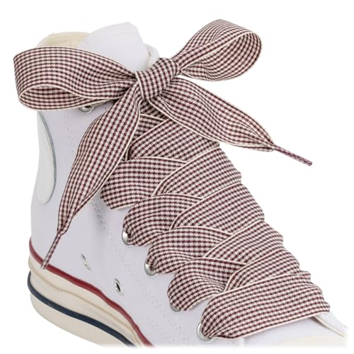 Puzeam 2 Pairs Fancy Ribbon Shoe Laces for Sneakers 1" Wide Flat Checkered Shoelaces for Boots Gingham Lace shoelaces for Women (H-Beige and Brown, 55 Inches) - Image 1