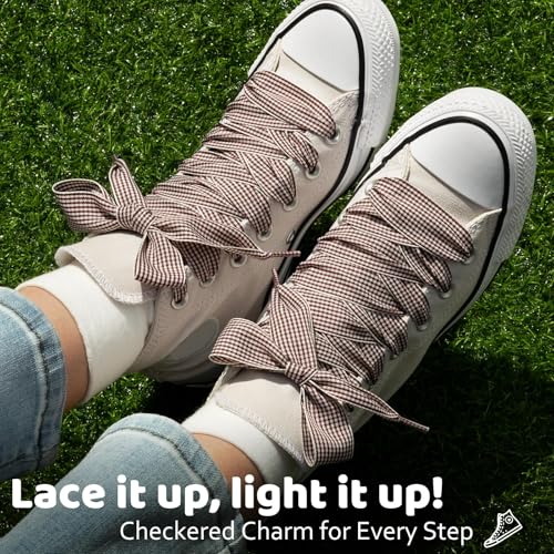 Puzeam 2 Pairs Fancy Ribbon Shoe Laces for Sneakers 1" Wide Flat Checkered Shoelaces for Boots Gingham Lace shoelaces for Women (H-Beige and Brown, 55 Inches) - Image 3