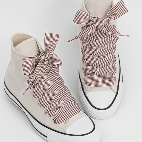 Puzeam 2 Pairs Fancy Ribbon Shoe Laces for Sneakers 1" Wide Flat Checkered Shoelaces for Boots Gingham Lace shoelaces for Women (H-Beige and Brown, 55 Inches) - Image 2